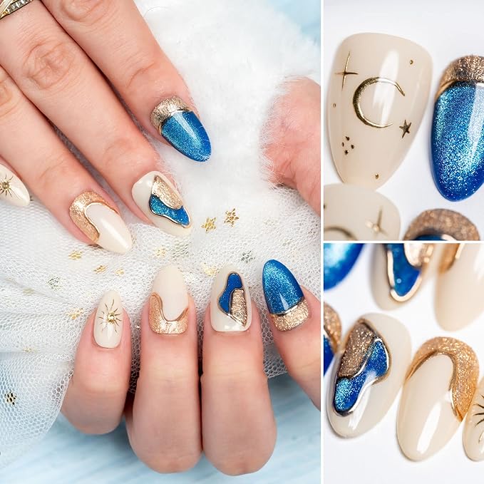 Sun&Beam Nails Handmade Press-On Short Almond with White Blue Gold Color 3D Design Charm Cat Eye Cute False Nail Tips 10 Pcs (#81 L)
