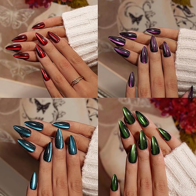 KQueenest 4 Packs Gel Press On Nails Almond, Cat Eye Press On Nails Medium Stiletto, Dark Fake Nails Press Ons Chrome Black, Glitter Glue on Nails for Women Party Prom, 96 Pcs Gift Kit