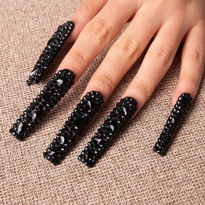 LOVFUL Press on Nails Classic Black Rhinestone| Handmade with Full Covered Crystals | Reusable Fake Nails | Square | H146-L, pink