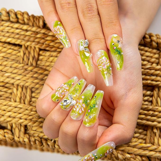 LOVFUL Press on Nails Seraphina's Garden | Handmade with Full Covered Crystals | Reusable Full Cover Nails | Coffin Classic Regular 1.3 in | H460-S