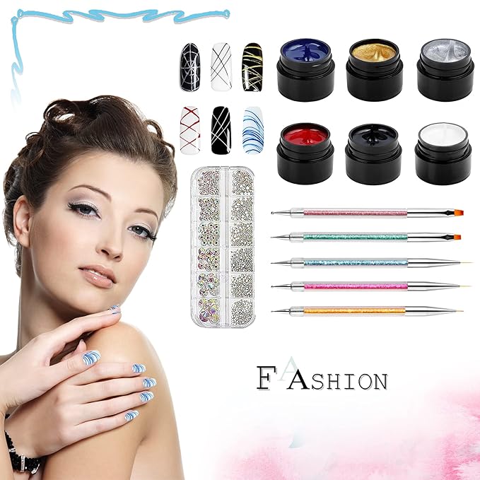 Vtrem 6 Colors 8ML Spider Gel Set with 5 PCs Double Ended Point Drill Drawing Brush Pen Nail Rhinestones Matrix Gel with Gel Paint Design Nail Art Kit Wire Drawing Purple Green Nail