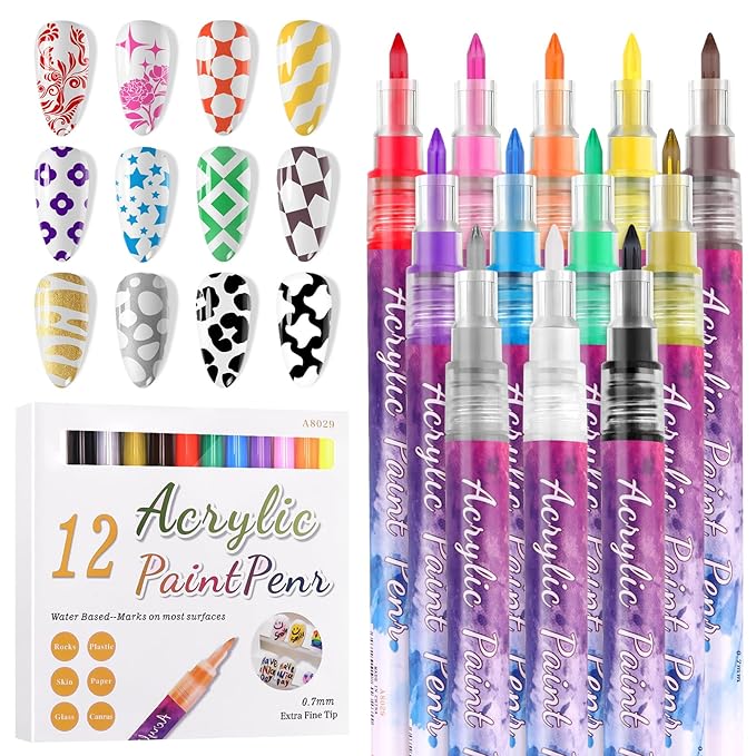 EBANKU 12 Colors Nail Art Pens Set, 3D 0.7MM Graffiti Acrylic Paint Nail Art Quick-Drying Nail Point for DIY Manicure Tools