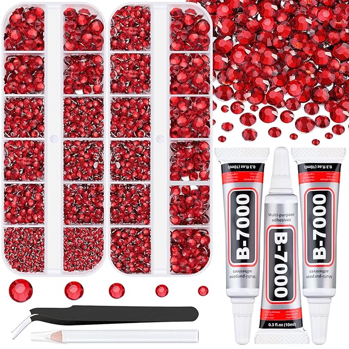 Resin Rhinestones for Crafting with B7000 Jewelry Glue, 2 Boxes Red Flatback Crystals with 3Pcs 10ml Glue for Bedazzling Crafts DIY Nail Art Makeup，Non Hotfix Gems for Clothing Shoes
