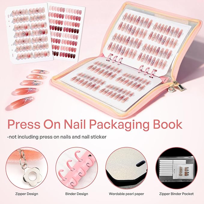 18PCS Press On Nail Organizer Clear Empty Press on Nail Packaging Set with 8 Insert Pages,8 nail double tape and 1 Zipper Pocket for Fake Nail Storage Nail Art Salon (pink)