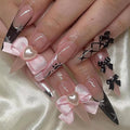MISUD Press on Nails - Long Stiletto Fake Nails with Black French Tip, Acrylic Star Bow Design 24 pcs