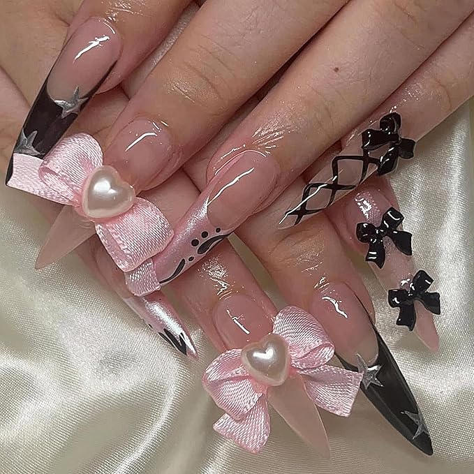 MISUD Press on Nails - Long Stiletto Fake Nails with Black French Tip, Acrylic Star Bow Design 24 pcs