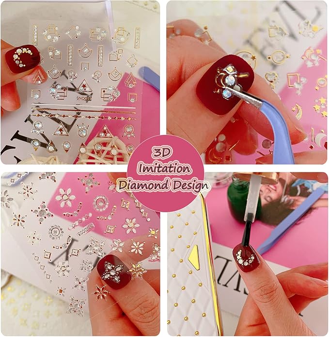 Zoance 20 Sheet 3D Nail Art Stickers,Gold/Diamond Design Luxury Embossed Self-Adhesive Nail Decals Customized Metallic Flower Nail Stickers for Women Girls Salon Home DIY Nail, Tweezers Included