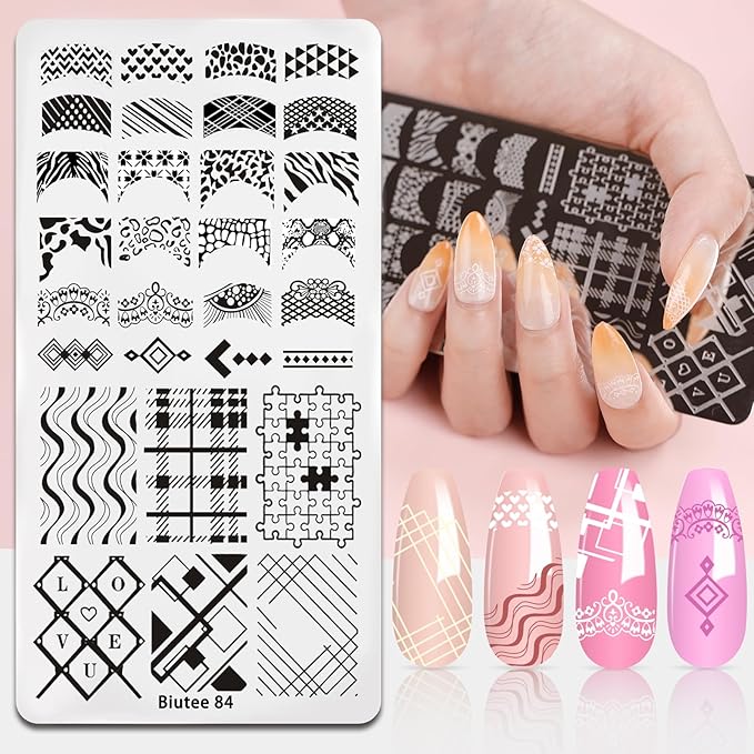 Biutee Nail Art Stamping Plates Set 10PCS French Line Stamp Templates, Nail Stamping Kit with Silicone Nail Stamper for DIY Print Manicure Salon Design Gift In Home
