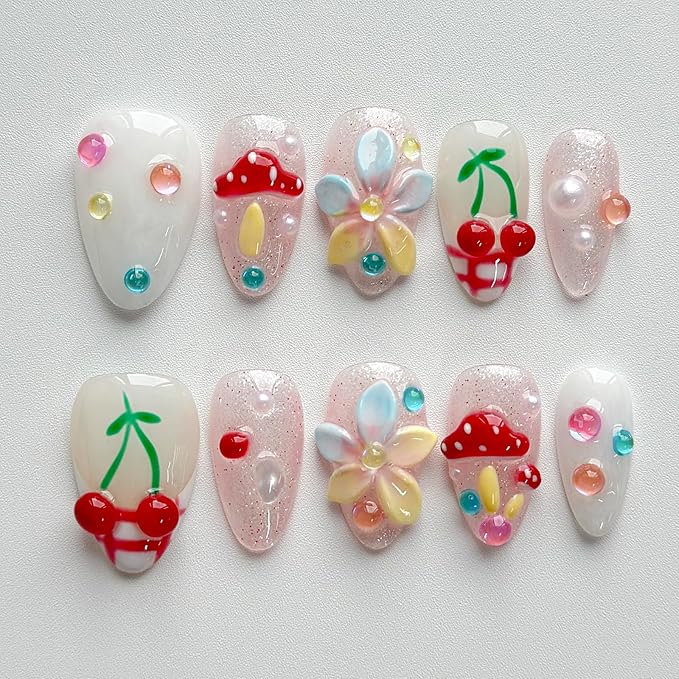 Luxury Press on Nails Short Almond Handmade 3D Unique Reusable ABS Material Fake Nails French Tip False Nails with Designs Mushroom Flower Glitter Glossy Glue on Nail Thick Acrylic Nail(S)