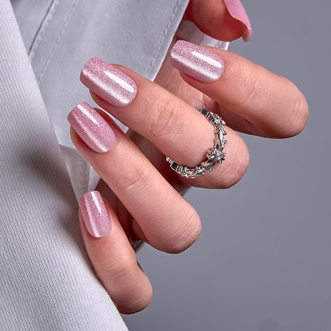 Curvlife Press on Nails Square Acrylic Cat Eyes Pink Fake Nails with Design Full Cover False Reusable Nail Kit with Nail Glue Adhesive Tabs, Women Girl Gift