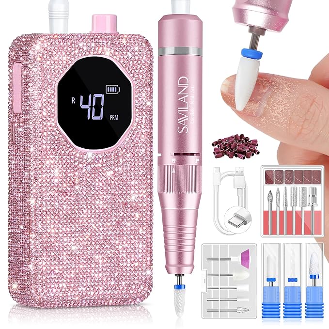 SAVILAND Professional Nail Drill 40000 RPM: Portable Electric Nail Drill Kit File Machine with Ceramic Nail Bit Sanding Bands for Quick Acrylic Removal Manicure Salon Home Use, Pink Diamond