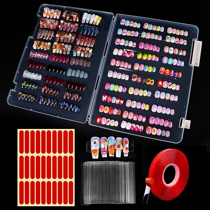 Large Clear Press on Nails Storage BoxNails Storage Box Nail Storage Case with 2 Style Adhesive Double Sided Tape and Nail Display Sticks for Nail Display Organizer Nail Salon Supplies
