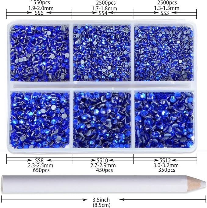NCB Hotfix Iron on 8000pcs Crystal Rhinestones Round Gem for Crafts Decoration DIY Jewelry Making with a Picking Pen (Sapphire, 6Sizes SS3-SS12)