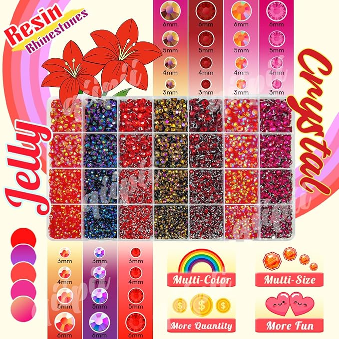 28 Types Red Jelly Resin Rhinestones for Bedazzling Crafting 3mm 4mm 5mm 6mm Flatback Colorful Stones Gems Diamonds for Nails Face Eyes Makeup DIY Crafts Tumblers Bottles Clothes Shoes Phones