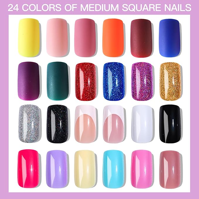 Teenitor Press on Nails Medium Square, 24Pack 576Pcs Press on Nail Kit with Glue, French Tip Nail Press ons Fake Nails for Women, Glitter Matte Glossy Stick on Nails for Nail Art Girls