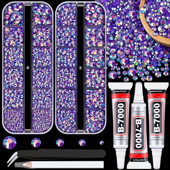 Resin Jelly Rhinestones for Crafting with B7000 Jewelry Glue, 2 Boxes Dark Purple AB Flatback Crystals with 3Pcs 10ml Glue, Bedazzling Non Hotfix Gems for DIY Tumblers Clothing Shoes Manicure