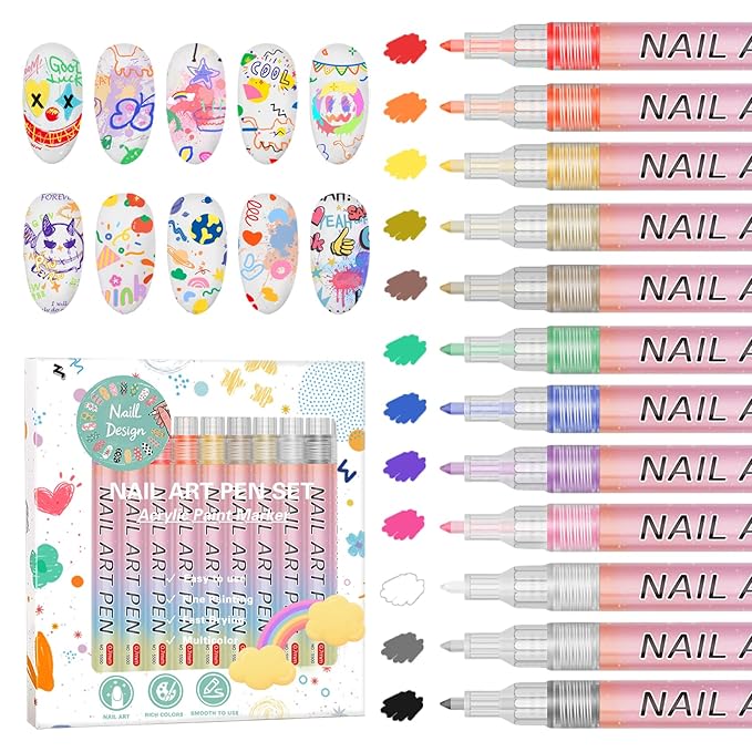 12 Colors Nail Art Pens Set, Nail Polish Pens for Nail Art Quick Drying 3D Acrylic Paint Markers for Painting Dotting Liner Pen Nail Salon DIY Design Kit 0.7mm