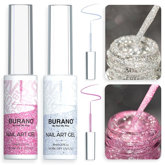 BURANO Gel Nail Polish Liner Nail Art Polish, Silver Gold Painted Gel Nail Design Polish 2 Bottle 8ml, Build in Thin Nail Brush Curing Required LX13 LX28