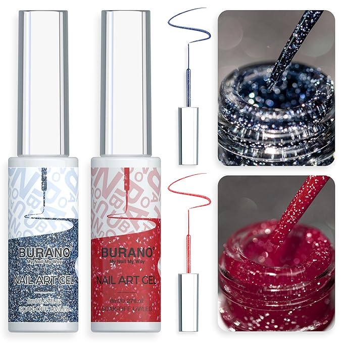 BURANO Gel Nail Polish Liner Nail Art Polish, Silver Gold Painted Gel Nail Design Polish 2 Bottle 8ml, Build in Thin Nail Brush LX22 LX31