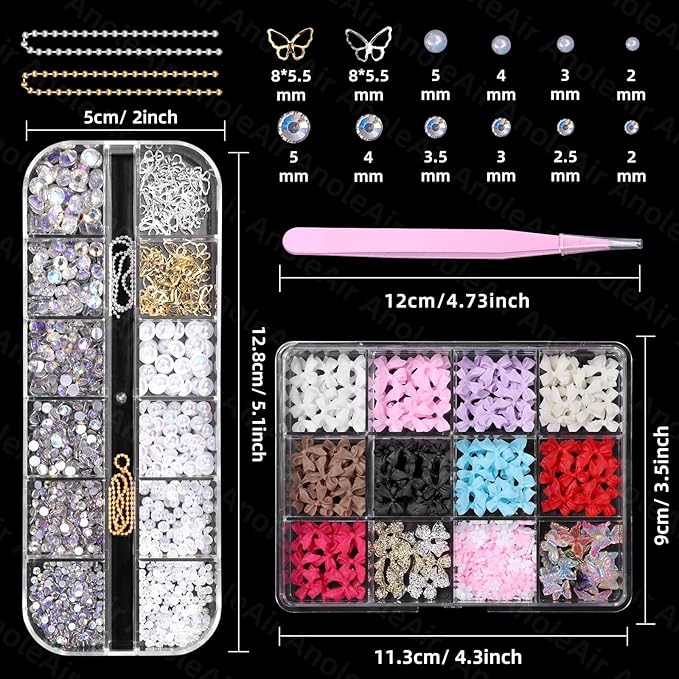 Color Bows Nail Charms Kit, 3D Pearls Gems Set, Gold Silver Nail Bows, Flower Butterfly 3D Asssorted Nail Charms and Gems, Nail Pearls for Nail Art DIY with Pickup Tools
