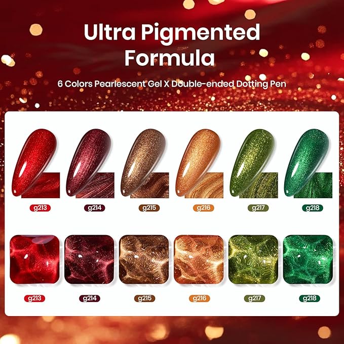 beetles Gel Polish Set - 6 Colors Glitter Brown Orange Red Green Colors Shimmer Nail Drawing Swirl Shell Thread Effect Gel Polish Kit Soak Off Led UV Nail