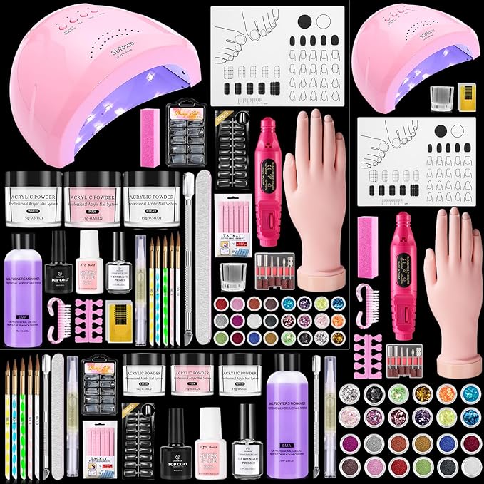 Nail Kit for Beginners with Everything: Practice Nail Hand Acrylic Set U V Lamp Professional Powder Liquid Starter Kits with Drill for Salon Home(Pink Lamp)