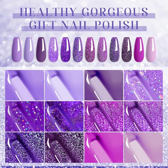MTSSII Purple Reflective Gel Nail Polish Set, 12 Colors Lavender Violet Sparkly Gel Polish Diamond Shiny Glitter Soak Off Led Nail Polish for Women Girl DIY Nail Art Gift