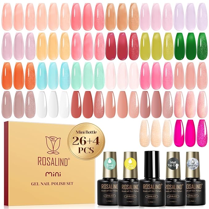 ROSALIND Jelly Gel Nail Polish Set, 30PCS 26 Colors Jelly Translucent Pink Milky White Nude Nail Gel Base and Glitter Glossy Matte Top Coat Translucent Collection French Nails Gift for Women