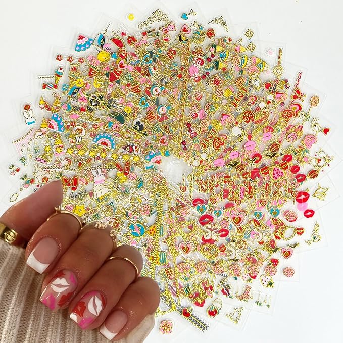 30 Sheets Valentine's Day Nail Art Stickers Decals Self-Adhesive Nail Decals Heart & Rose Designs Nail Supplies Lip Nail Decoration Accessories for Women