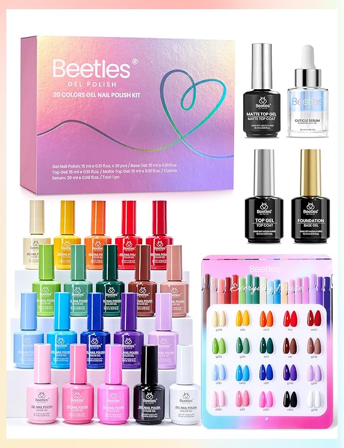 beetles Gel Polish Set - Everyday Muse Collection, 20 Colors 15ml Pink Yellow Blue Spring Colors Gel Set with Base Top Coat Trendy Colors Uv LED Lamp Salon DIY at Home Nails Gifts for Women