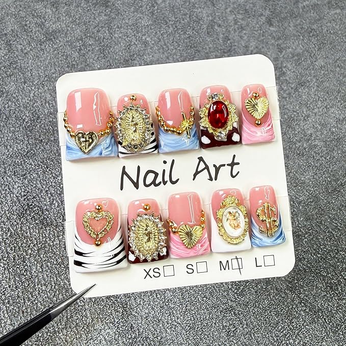 Handmade Press on Nails Kit Heart Fake Nail with Luxury 3D Rhinestone Designs Gradient French Tip Muti-Layer Gel Acrylic Nails Short Square False Nails Golden Embossed Stick on Nail for Women (Size S)