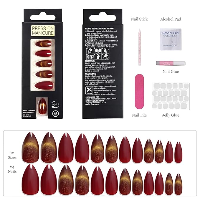 Red Cat Eye Press On Nails - Almond Glitter Static Fake Nails, Handcrafted Reusable Manicure for Glam Party Style, 24 Nails in 12 Sizes with Glue, Tabs, File, Prep Pad, Manicure Stick