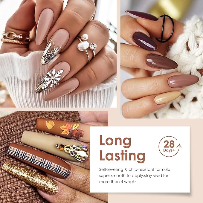 MTSSII Gel Nail Polish Set 12 Colors Nude Brown Skin Tones Neutral Gel Polish Dark Tan Taupe Khaki Gold Silver Nail Polish Fall Winter Soak Off French Nail Art Manicure DIY Home Salon Gift