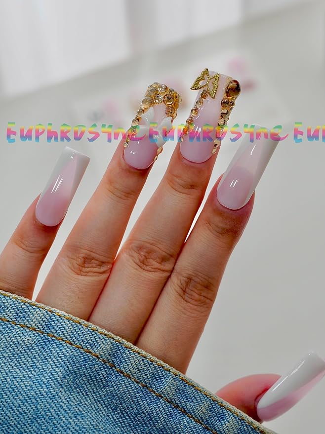 Euphrosyne Ombre Press On Nails – 10pcs Long Coffin Fake Nails in Pink and White with 3D Bow, Butterfly Charms & Rhinestones | Elegant Stick-On Nails for Wedding, Party or Daily Glam Look