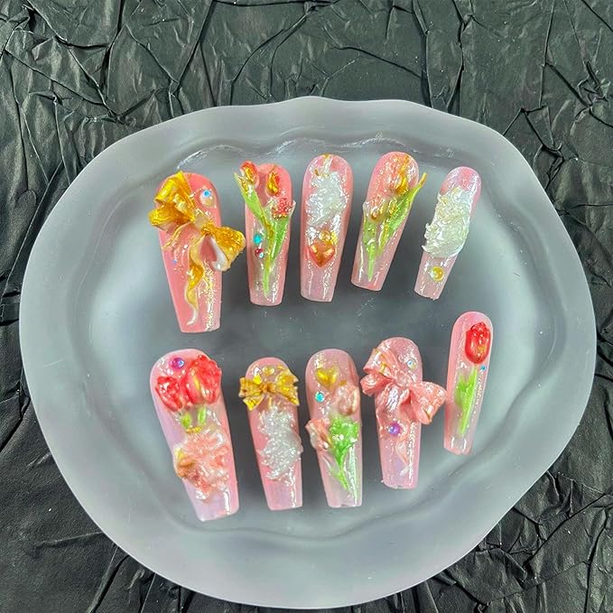 Press on Nails Handmade Nails 10Pcs Fresh Style Hand Embossed Pink Manual Press on Nails for Women Party Holiday Photo 33mm Long Size S