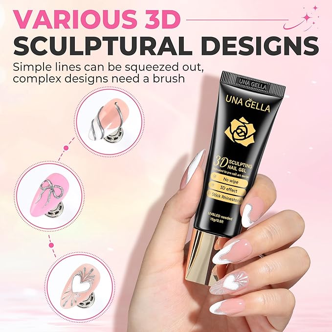 UNA GELLA Metallic Silver 3D Gel Nail Art 15g, No Wipe Sculpting Gel Polish for Nail Designs, Charms and Gems Decoration, Lamp Curing Required DIY Art Salon at Home