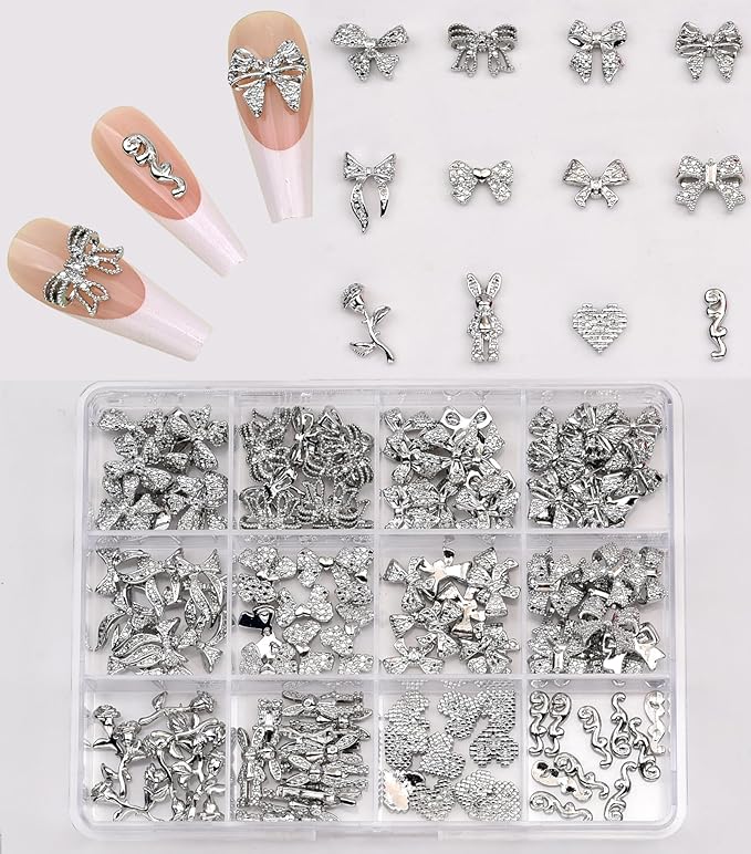 120pcs 12 Styles Black Metal Nail Charms Nail Bows Crushed Rabbit 3D Heart Rose Flower Studs Y2k Alloy Nail Decoration Rhinestone Jewelry for Acrylic Nails Art Kit Accessories Supplies