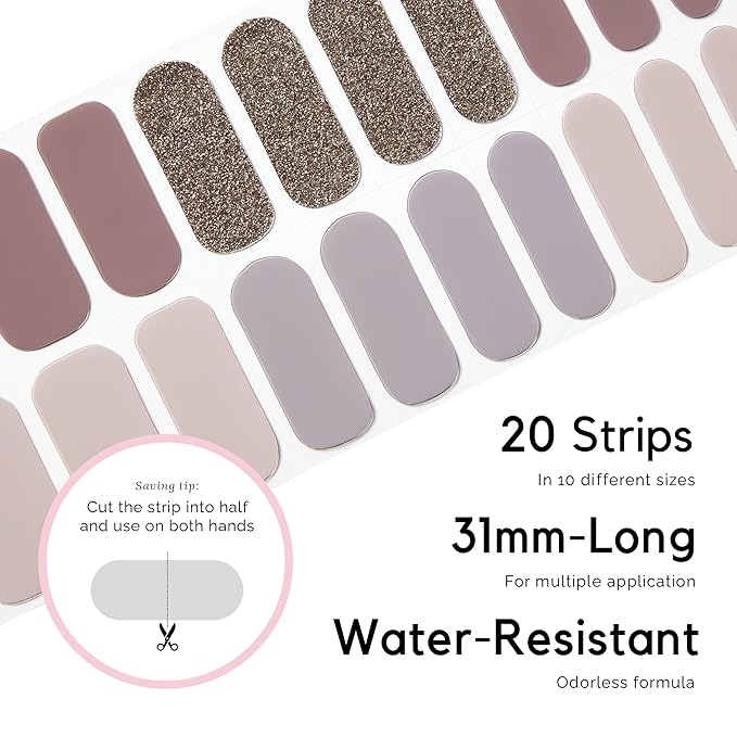 NAILOG Semi Cured Gel Nail Strips, 20Pcs Extra Long Gel Nail Stickers Lasting Nail Wraps with Glossy Gel Finishing │Last Night