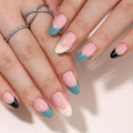 French Tip Press On Nails - Almond Short Fake Nails With Glue, 16 Sizes, 32Pcs Reusable Soft Gel False Tips Kit, Glue On Short Artificial Nail (Multicolor Tip)
