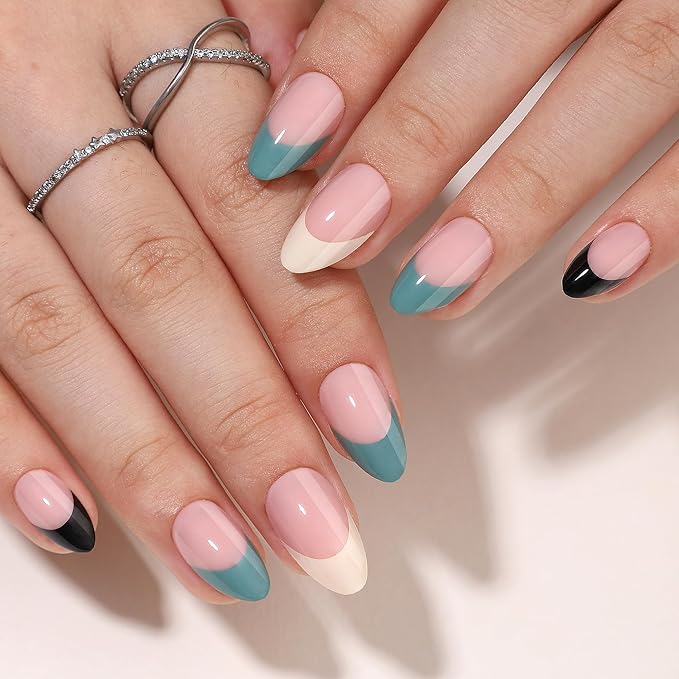 French Tip Press On Nails - Almond Short Fake Nails With Glue, 16 Sizes, 32Pcs Reusable Soft Gel False Tips Kit, Glue On Short Artificial Nail (Multicolor Tip)