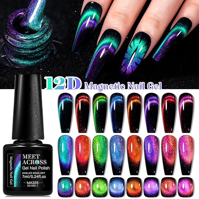 MEET ACROSS Magnetic Cat Eye Gel Nail Polish - Long-Lasting, High-Shine, 12D Holographic Glitter Effect, Soak-Off, Easy to Apply and Remove, 8 Vibrant Colors Optional for Nail Art Manicure