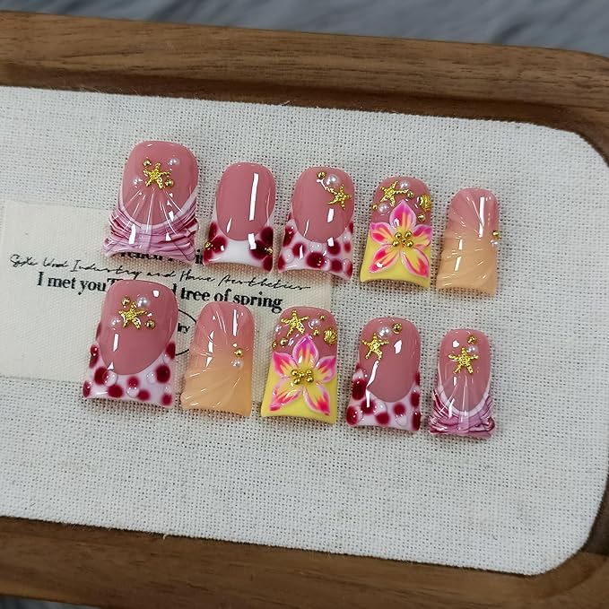 Duckbill Press on Nails Short - Burgundy French Tip Yellow Polka Dot 3D Starfish Design Ocean Theme False Nails For Women Girls- Acrylic Glossy Duck Nails for Parties, Dates, Gifts(M)
