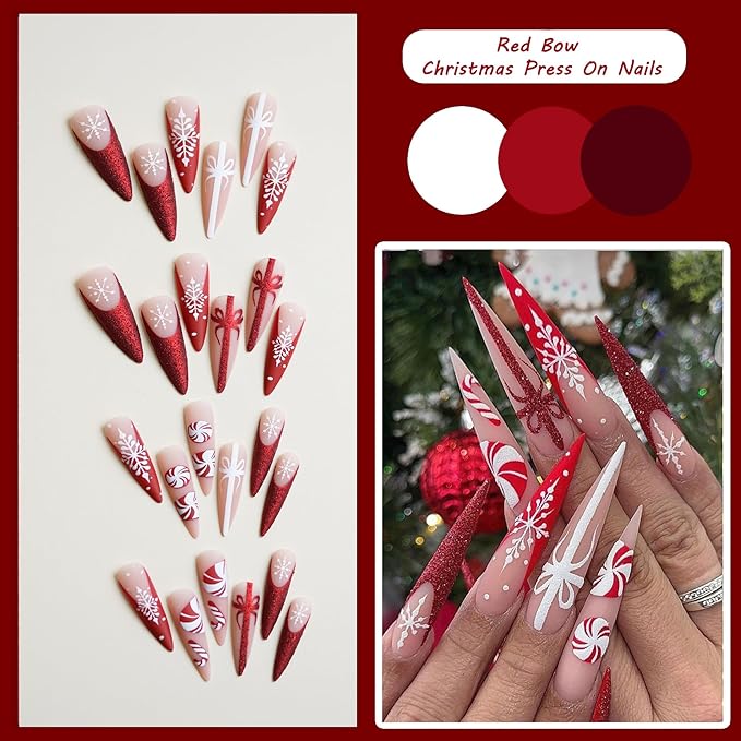24pcs Red Long Almond French Tips Press On Nails with Snowflakes, Candies and Bows for Themed Costumes, Reusable Nail Kit with Nail Adhesive Tabs Mini Nail File, 12 Sizes (Red Candy)