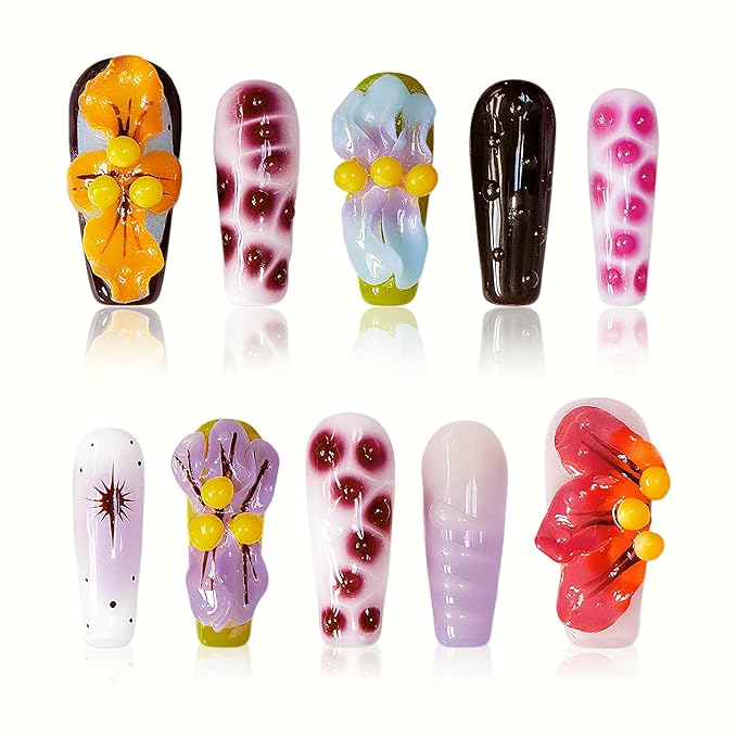 Flower Press on Nails Handmade Medium Long Square Muti-Layer Gel Fake Nails Gradient Floral 3D Waterdrop Pattern Design Multicolor Thick False Nails Acrylic Nails for Women