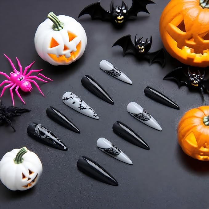 24pcs White and Black Blood Long Almond Press On Nails with Cobweb and Wound for Themed Costumes, Reusable Nail Kit with Adhesive Tabs, 12 Sizes (White and Black)