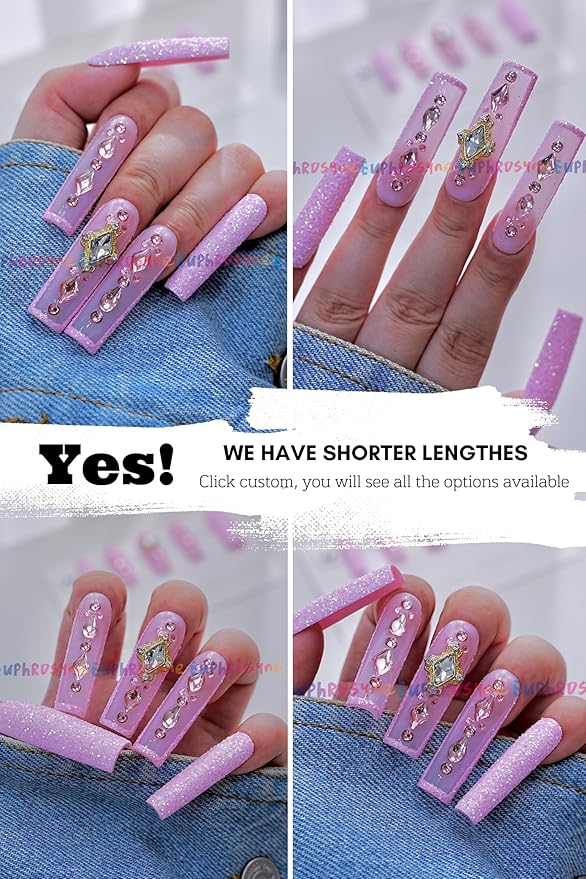 Euphrosyne Kawaii Press On Nails – Long Coffin Glitter Nails in Light Pink with Stars & Rhinestones | 10pcs Sparkly Fake Nails for Girls and Women, Princess Look for Daily or Party Wear