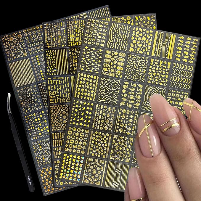 90 Sheets Gold Nail Art Stickers: Star Heart Flower Line, 3D Self-Adhesive Nail Decals for Women's Nail Decoration with Tweezer