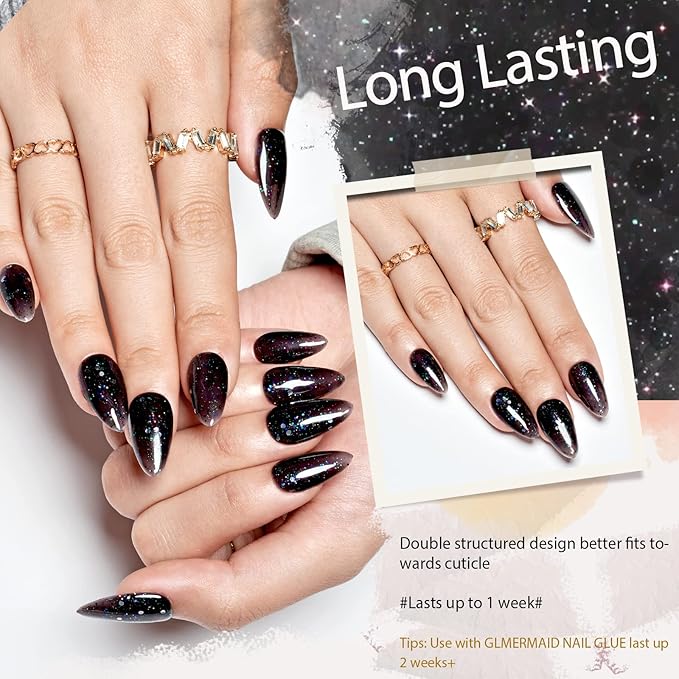 GLAMERMAID Glitter Black Press on Nails Medium Almond, Handmade Glossy Jelly Soft Gel Glue on Nails Stiletto, Galaxy Shrimmer Fake Nails Short Oval, Reusable Acrylic Stick on False Nails Kit for Women