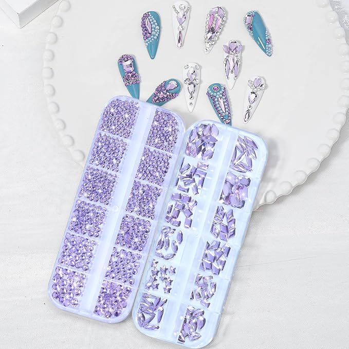 HNUIX Nail Rhinestones - 1600pcs 3D Multi Shape Size, Light Purple Nail Gems, Flat Back, with Kit, for Nail Art, DIY Decorations