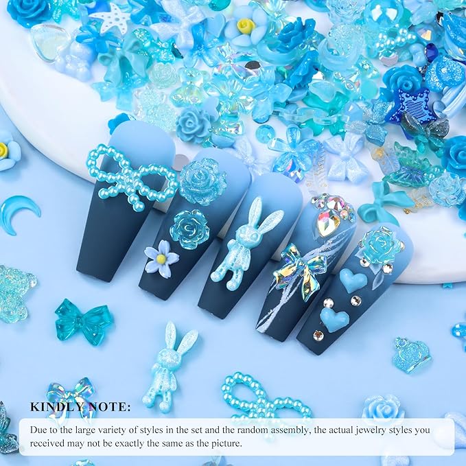 100 Pieces 3D Resin Butterfly Bear Nail Charms Rose Flower Peach Skirt Bow Deer Snake Rabbit Animal Shaped Nail Art Rhinestones Pearls for DIY Nail Art Decoration Making Craft (Blue)